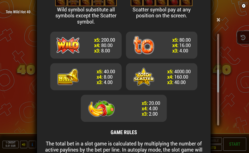 toto wild hot 40 paytable