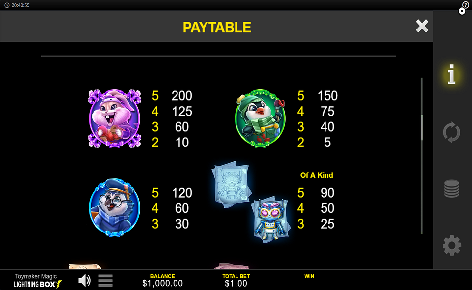 toymaker magic paytable 1
