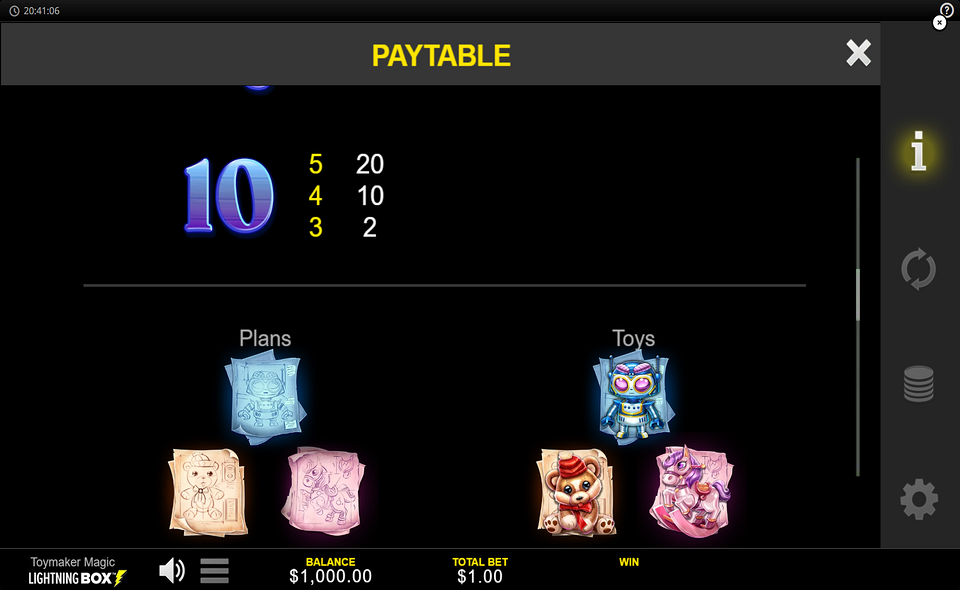toymaker magic paytable 3