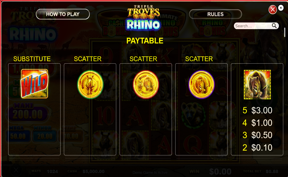 triple troves rhino paytable 1