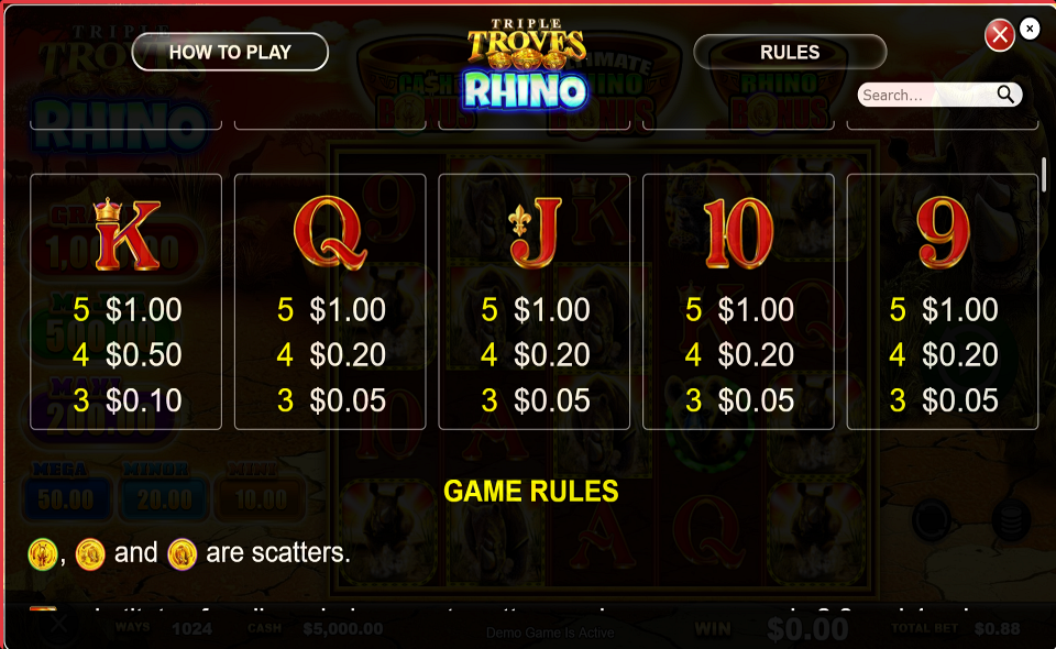 triple troves rhino paytable 3
