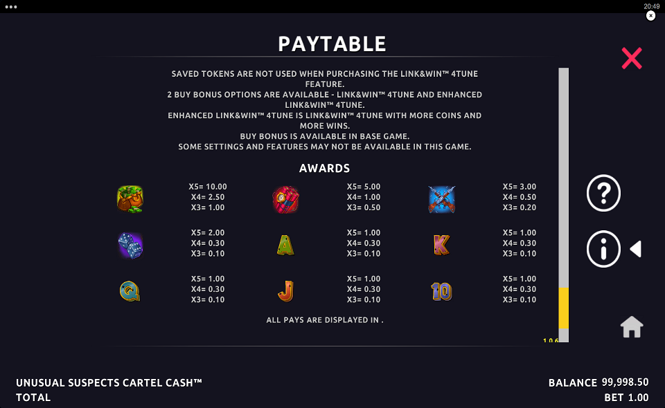 unusual suspects cartel cash paytable 2