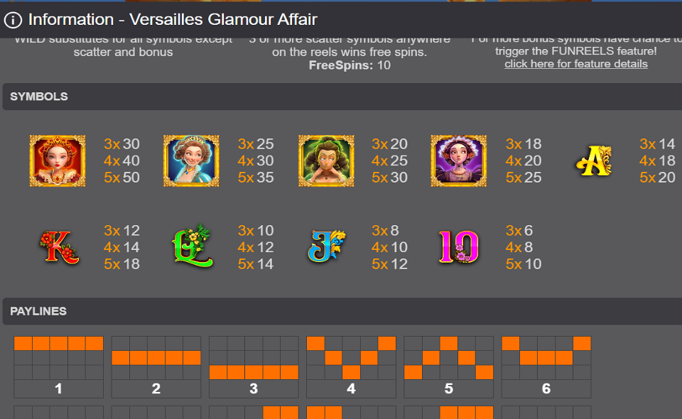 versailles glamour affair paytable