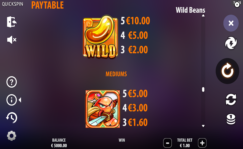wild beans paytable 1