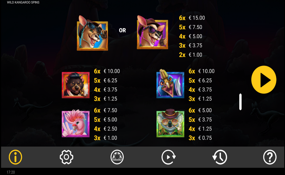 wild kangaroo spins paytable 1