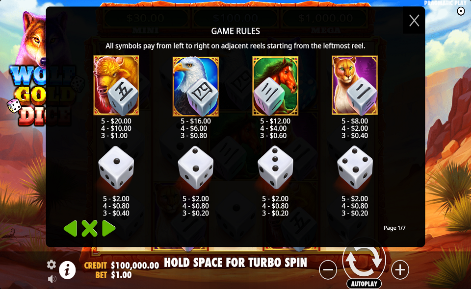 wolf gold dice paytable 1
