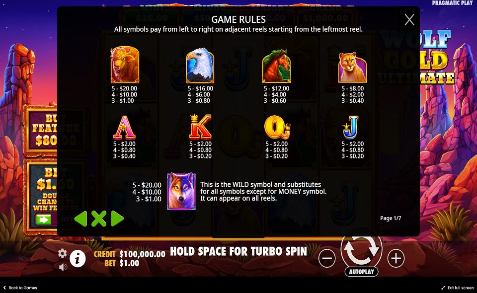 wolf gold ultimate paytable
