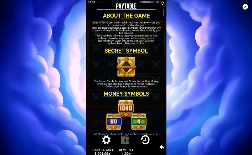 zeus xtreme link paytable 1