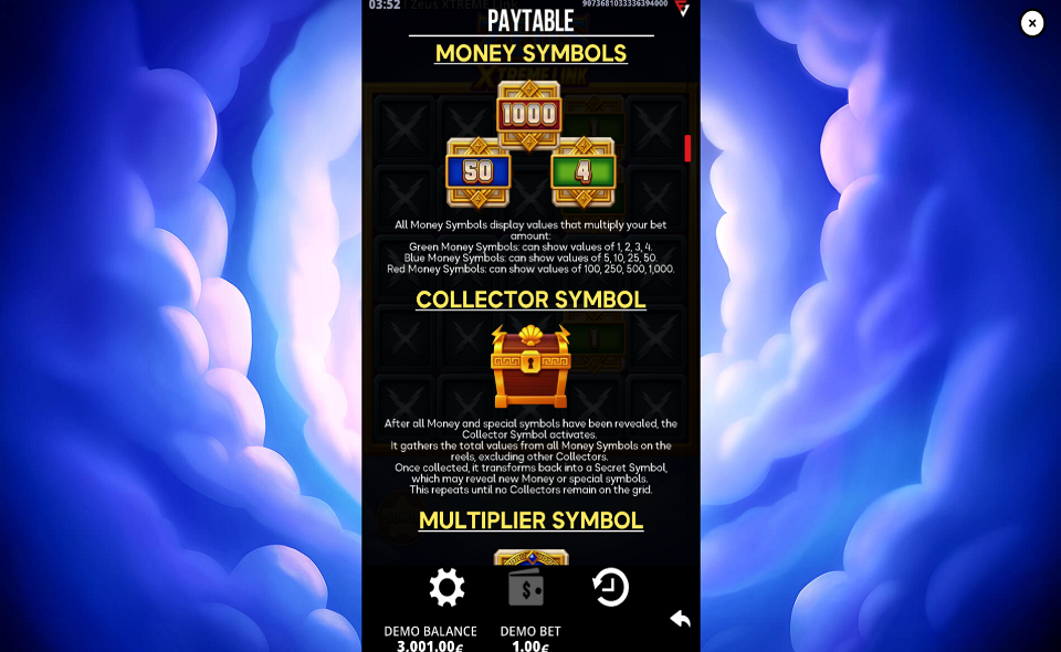 zeus xtreme link paytable 2