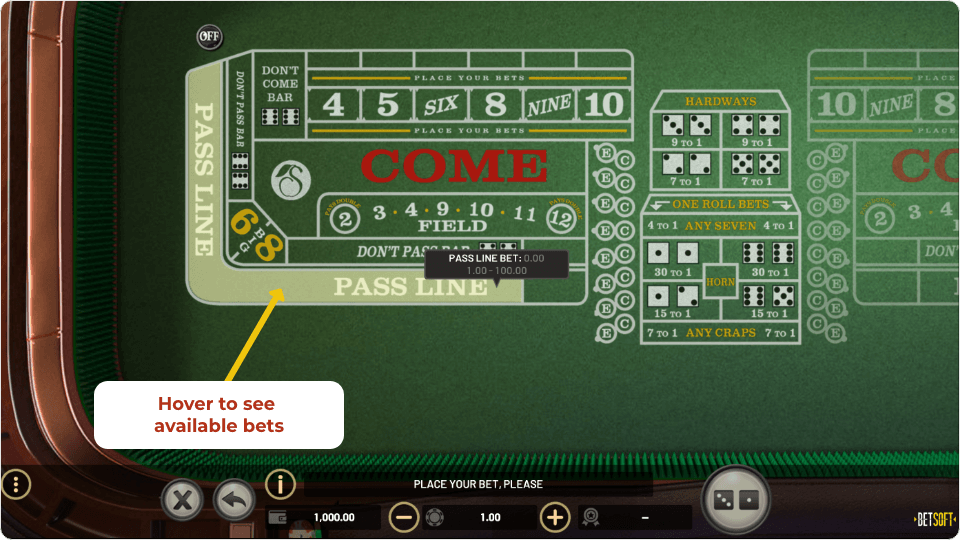 online craps available bets highlight