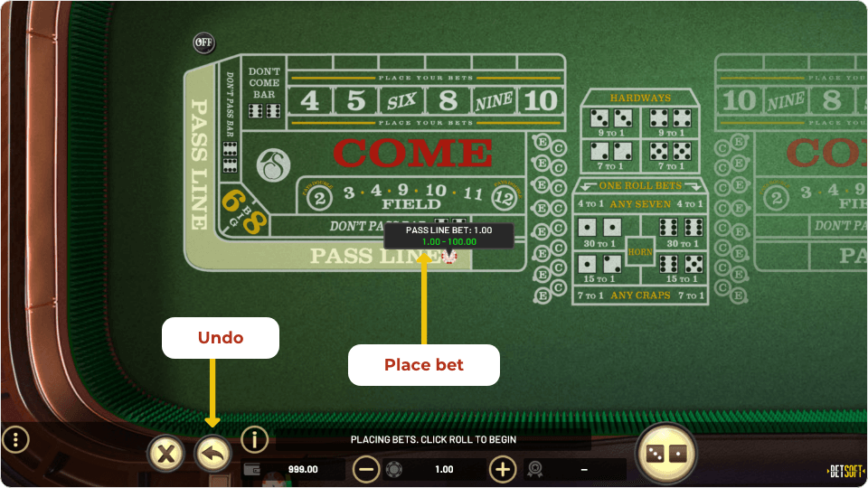 online craps place bet and undo buttons
